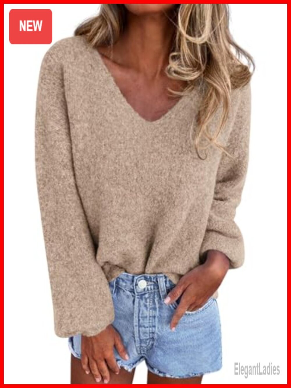 Oversized V Neck Knit Sweater Cozy Fall Pullover Ribbed Cuffs